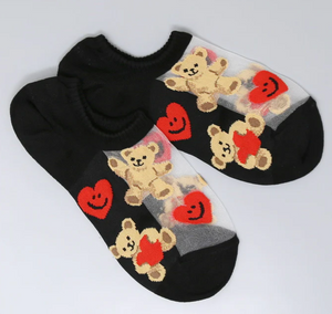 Teddy Bear Love No Show Socks (Black & Beige)