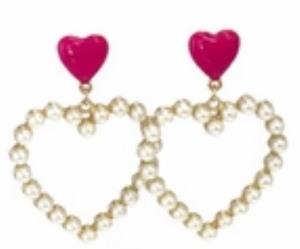 Fuchsia & Pearl Heart Drop Earrings