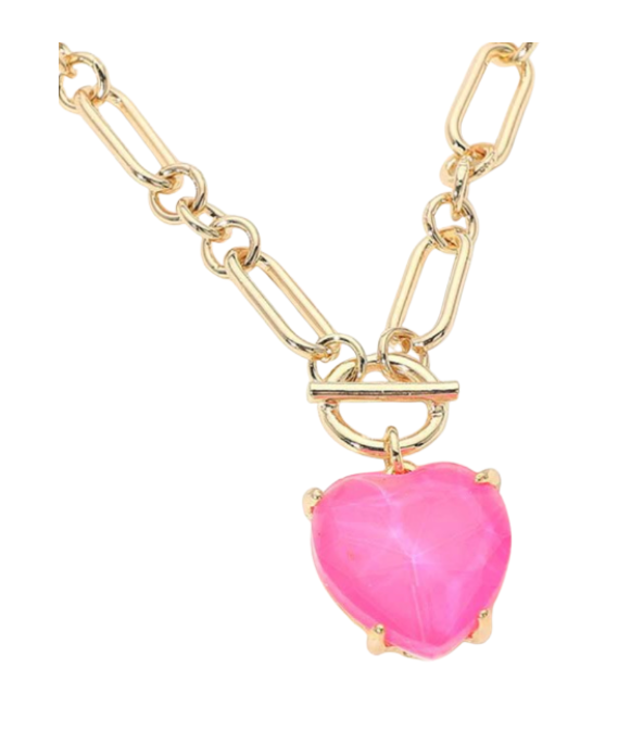 Chunky Heart Stone Cluster Toggle Pendant Necklace