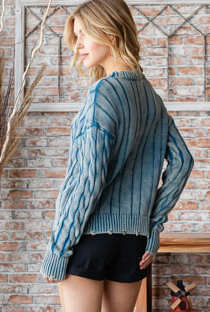 Regular & Plus Size Distressed Cable Knit Pullover Sweater