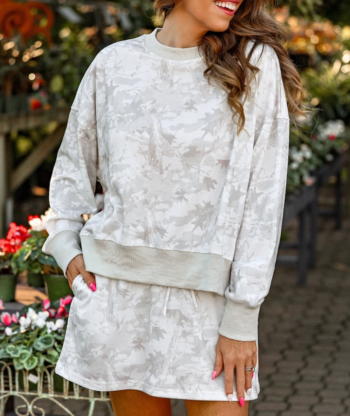 Printed Terry Skort Set- White Chloe Camo