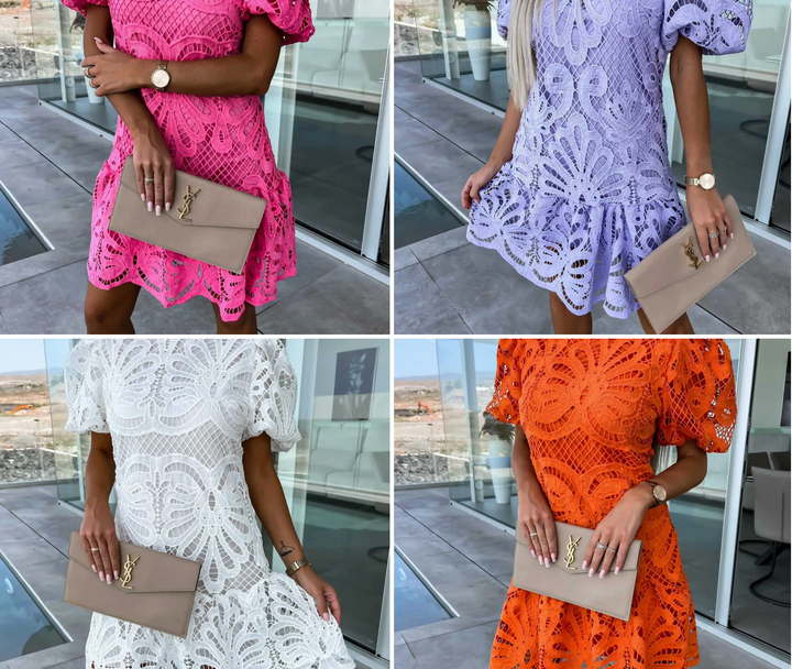 Elegant Hollow Lace Dress with Ruffles