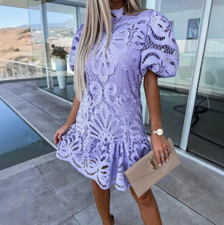 Elegant Hollow Lace Dress with Ruffles