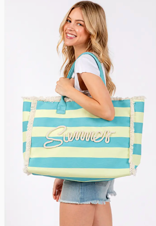SUMMER Message Embroidered Fringe Striped Tote Beach Bag