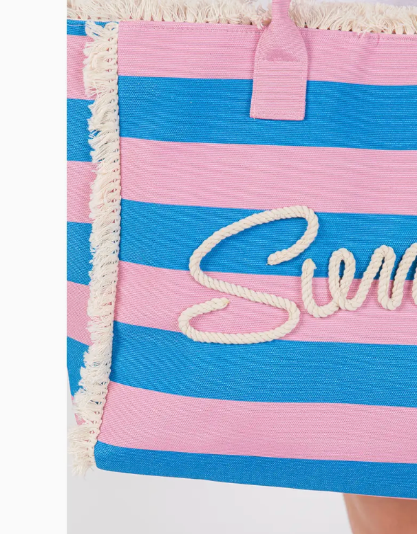 SUMMER Message Embroidered Fringe Striped Tote Beach Bag