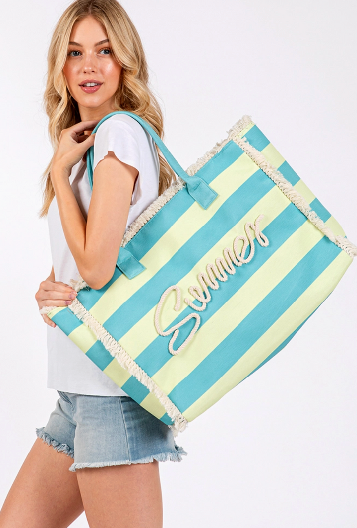SUMMER Message Embroidered Fringe Striped Tote Beach Bag