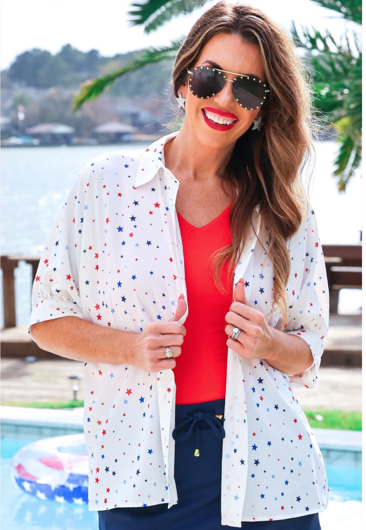 Sutton Button Up Top- Patriotic Stars (PLUS TOO)