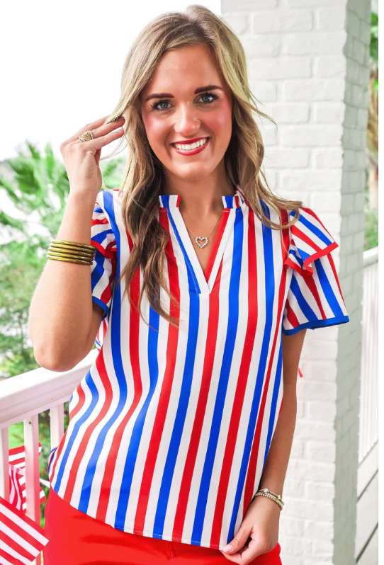 Kennedy Flutter Sleeve Blouse- Patriotic Stripes