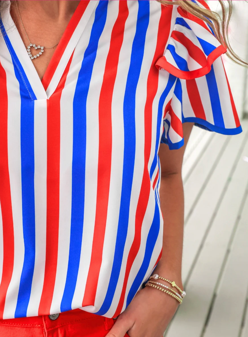 Kennedy Flutter Sleeve Blouse- Patriotic Stripes