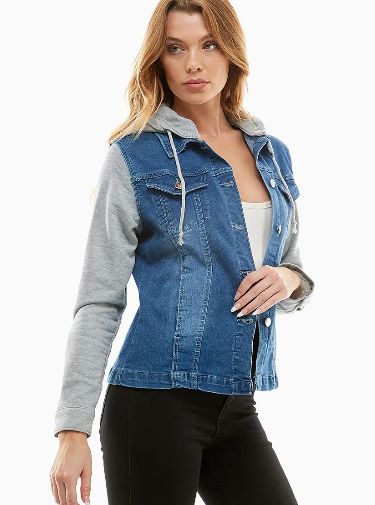 Spandex Ladies' Denim Jacket with Fleece Hoodie
