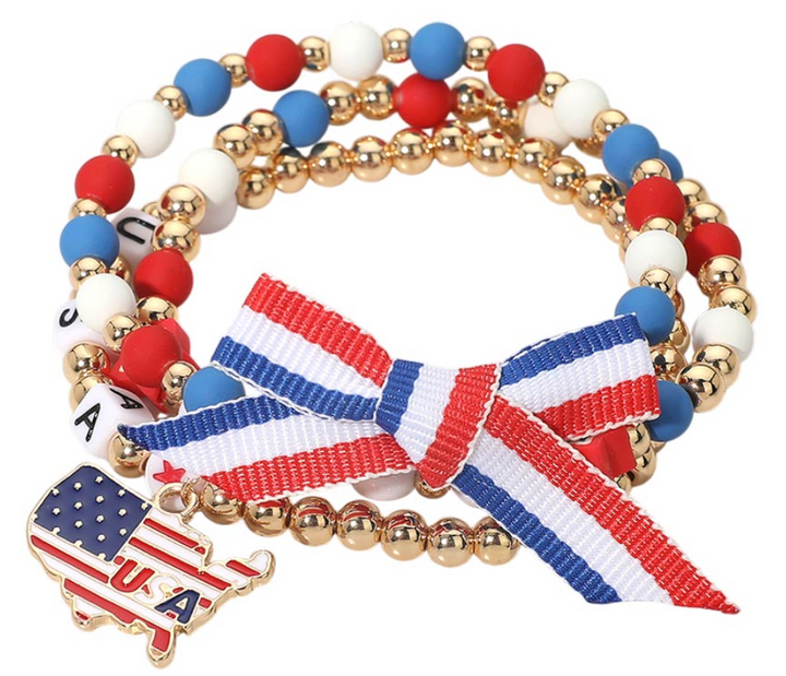 Bow Accent American USA Charm LOVE Beaded Stretch Multi Layered Bracelets