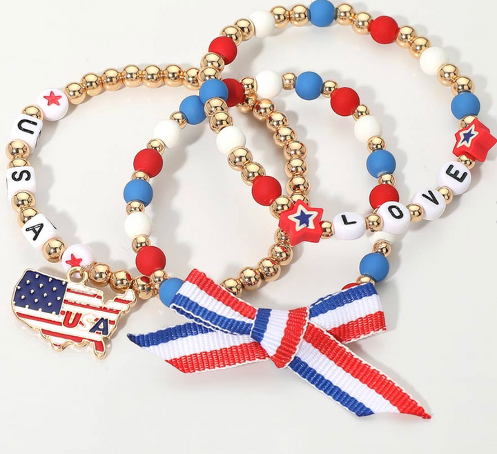 Bow Accent American USA Charm LOVE Beaded Stretch Multi Layered Bracelets
