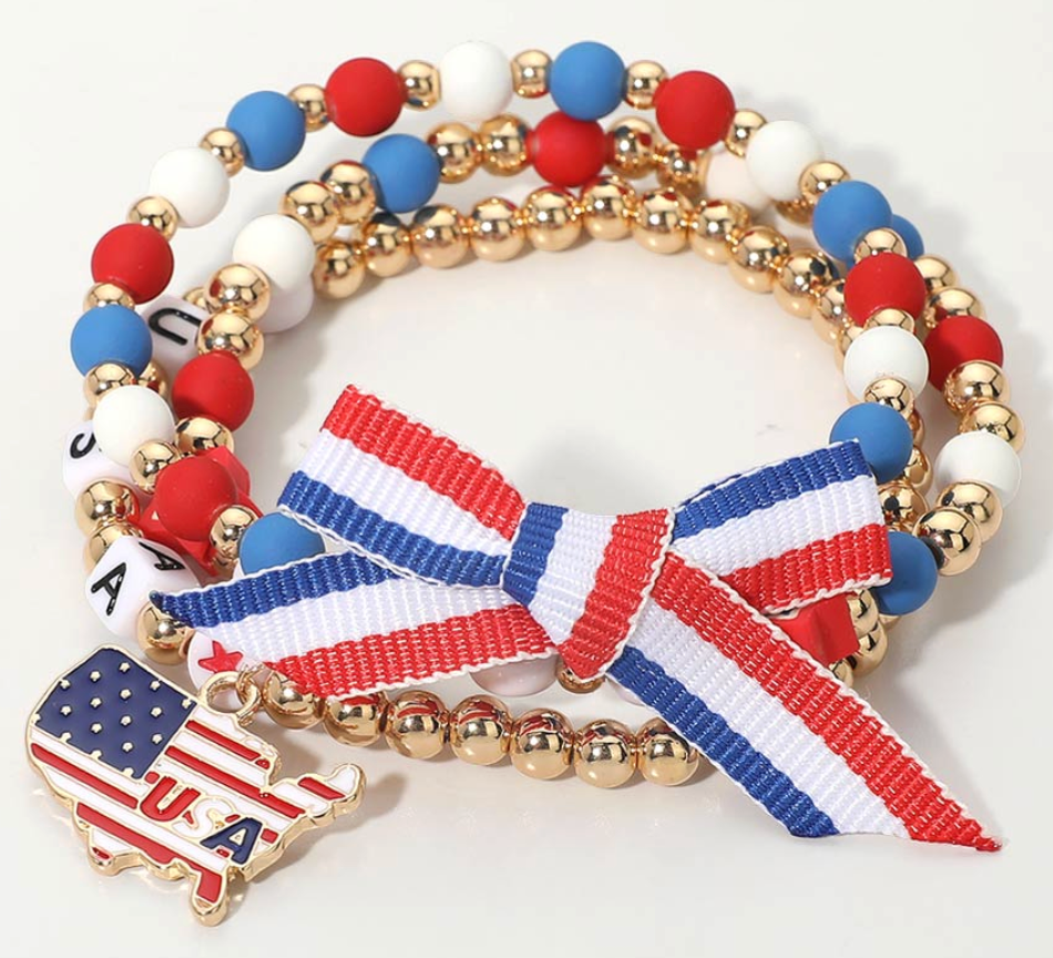 Bow Accent American USA Charm LOVE Beaded Stretch Multi Layered Bracelets