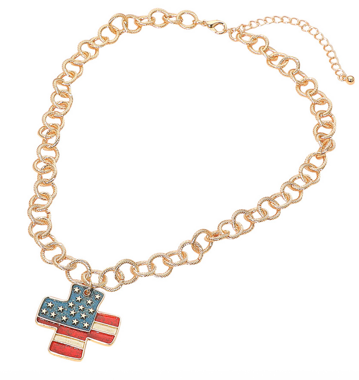 American USA Flag Cross Pendant Chunky Chain Necklace