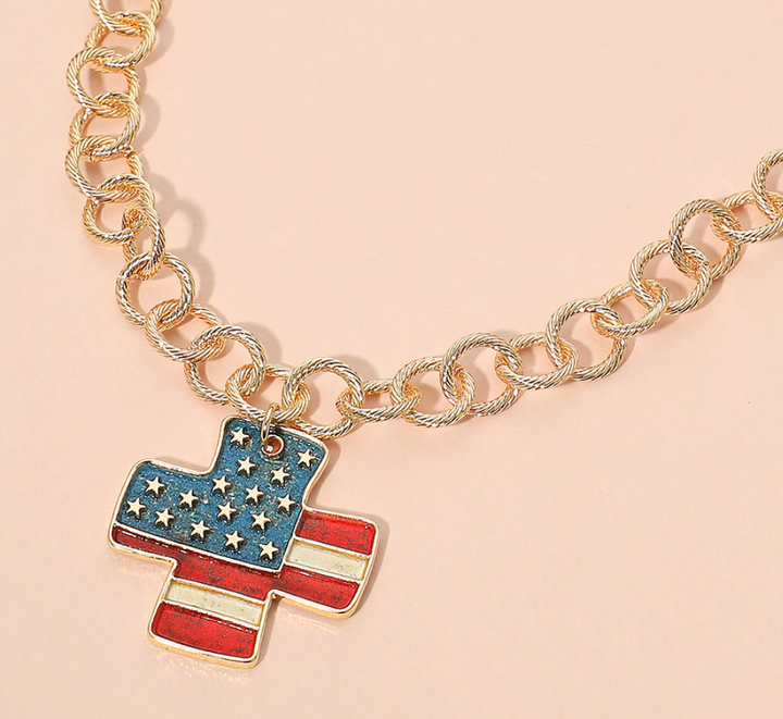 American USA Flag Cross Pendant Chunky Chain Necklace