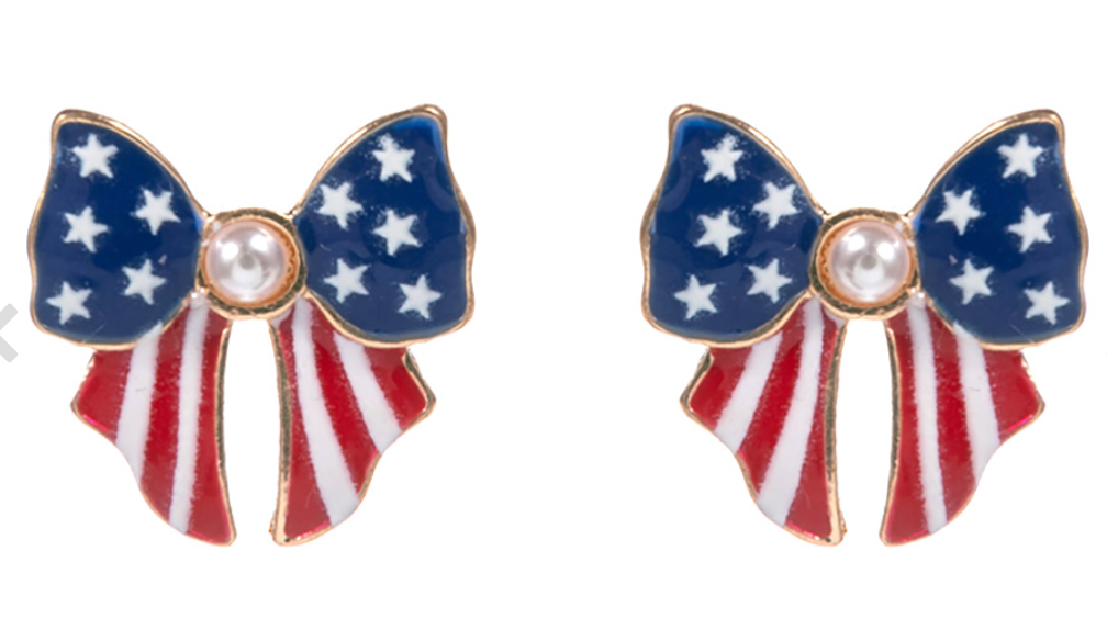 Pearl Pointed Enamel American USA Flag Bow Stud Earrings