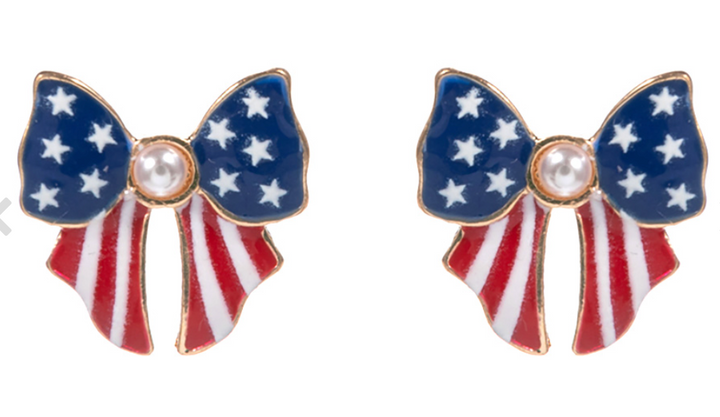 Pearl Pointed Enamel American USA Flag Bow Stud Earrings