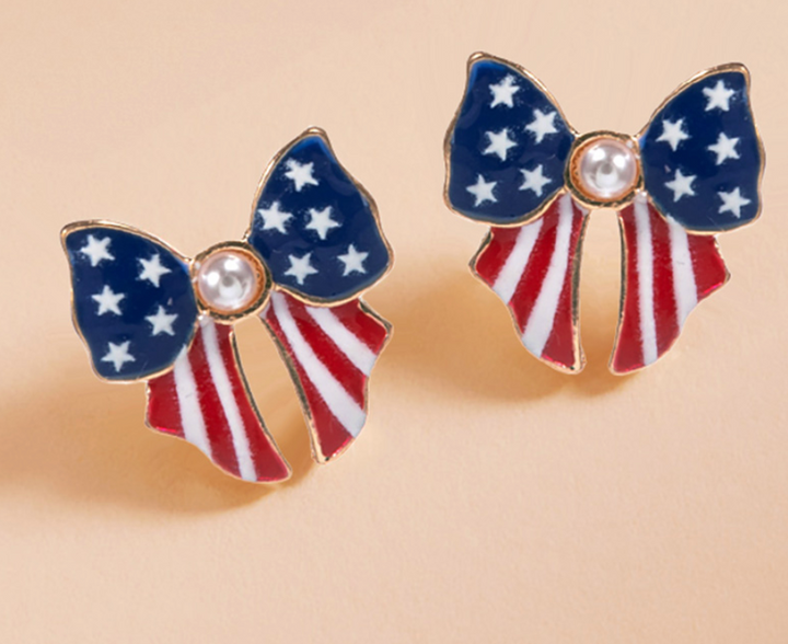 Pearl Pointed Enamel American USA Flag Bow Stud Earrings