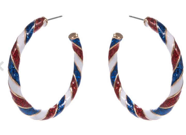 Patriotic American USA Glittered Enamel Twist Hoop Earrings