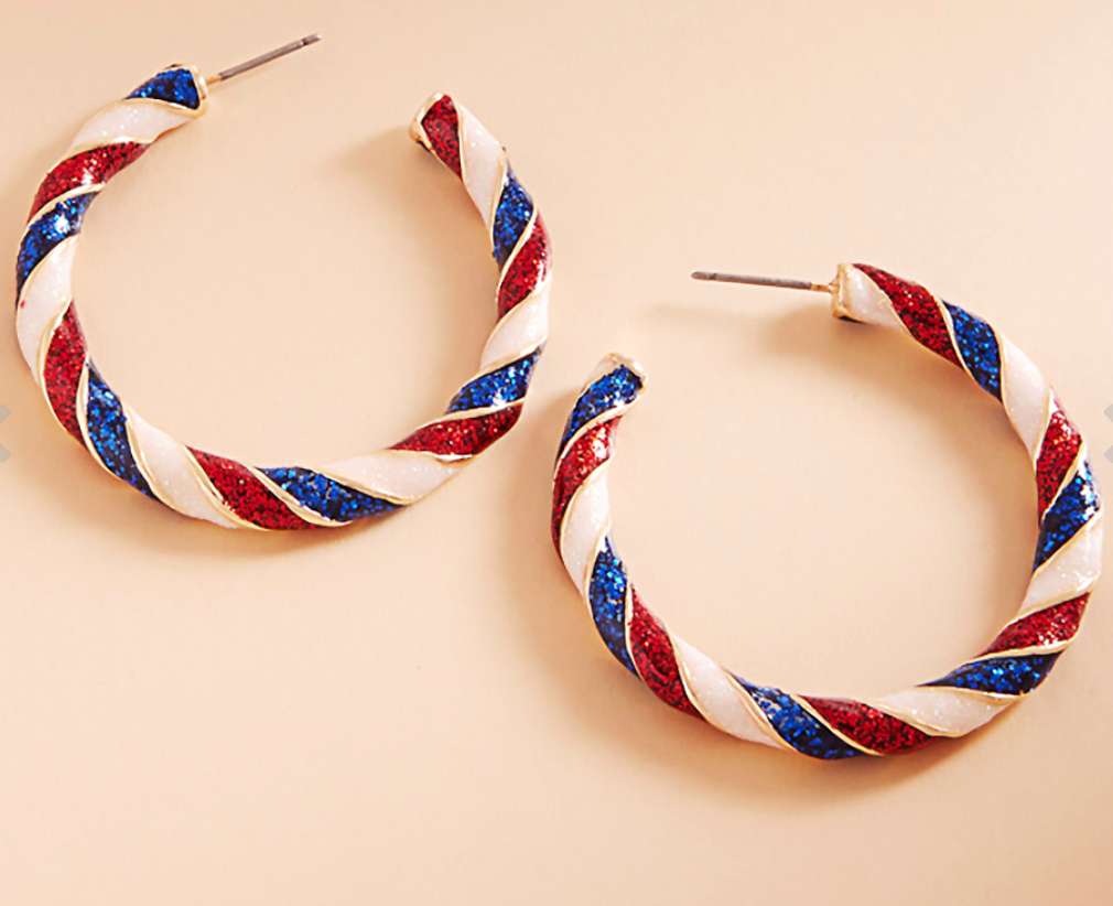 Patriotic American USA Glittered Enamel Twist Hoop Earrings
