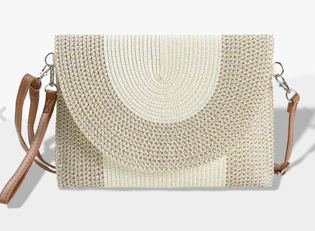 Solid And Mixed Color Two Tone Straw Clutch / Crossbody Bag