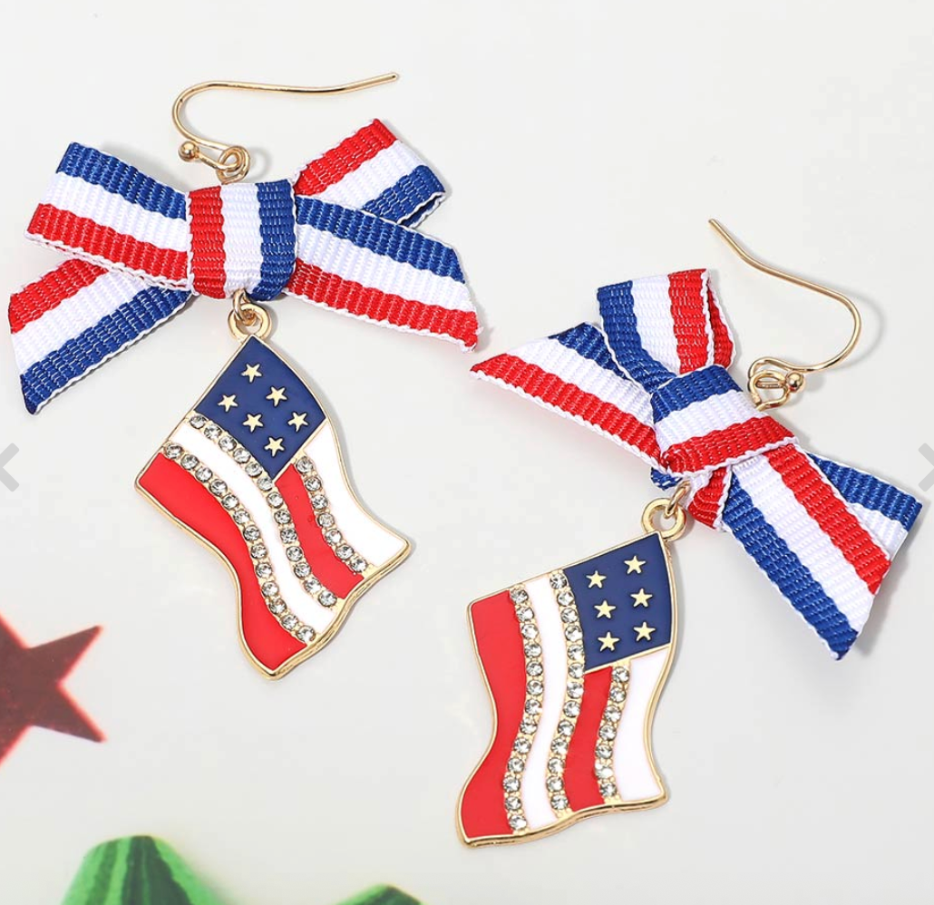 American USA Bow Flag Link Drop Earrings