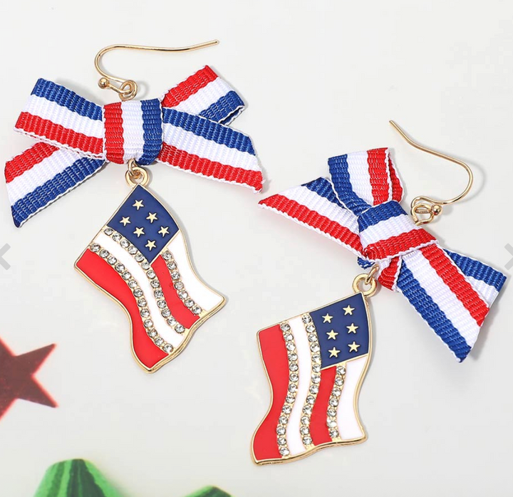 American USA Bow Flag Link Drop Earrings