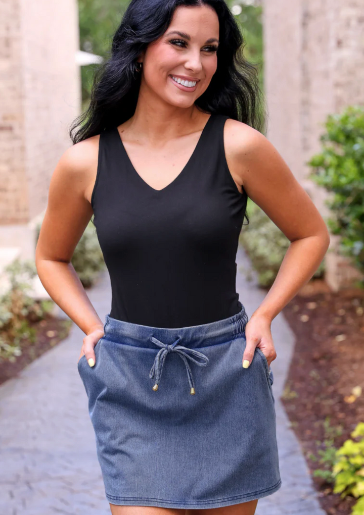 PREORDER- Refined Denim Stretch Skort- Light Wash