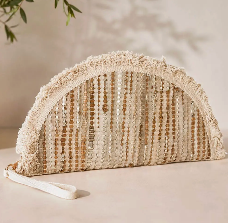 Boho Fringe Textured Half Moon Clutch Bag