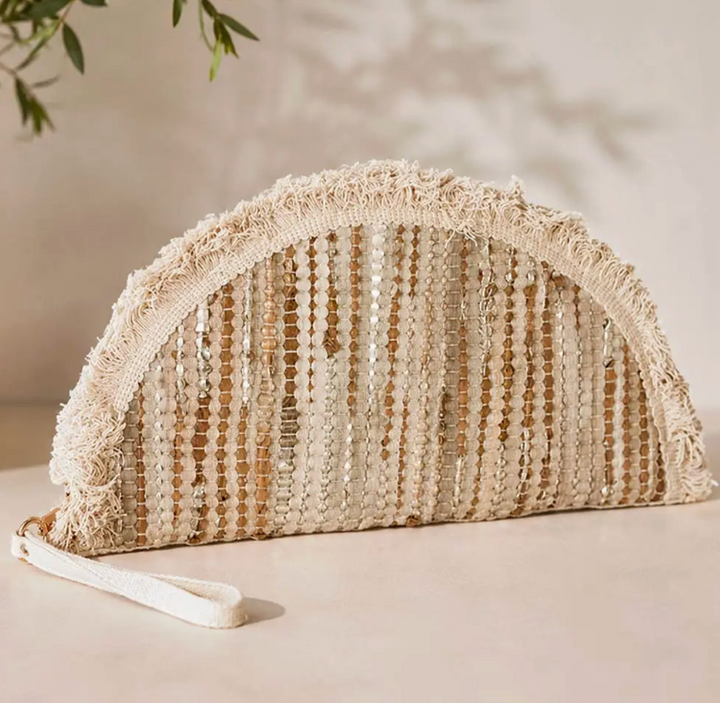 Boho Fringe Textured Half Moon Clutch Bag