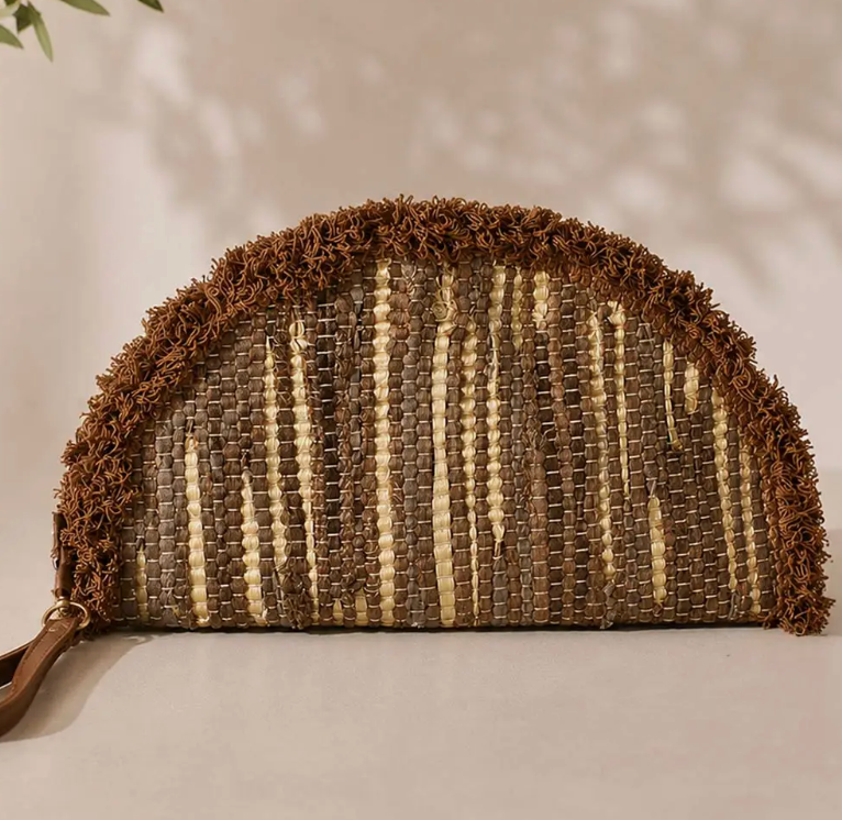 Boho Fringe Textured Half Moon Clutch Bag