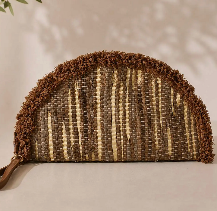 Boho Fringe Textured Half Moon Clutch Bag
