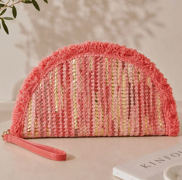Boho Fringe Textured Half Moon Clutch Bag