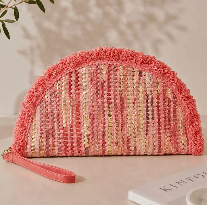 Boho Fringe Textured Half Moon Clutch Bag