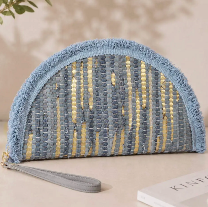 Boho Fringe Textured Half Moon Clutch Bag