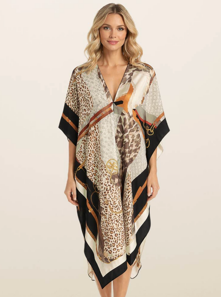 Lightweight Mixed Animal Abstract Print Satin Feel Kimono Style Long Cover Up Poncho ETA 6/15