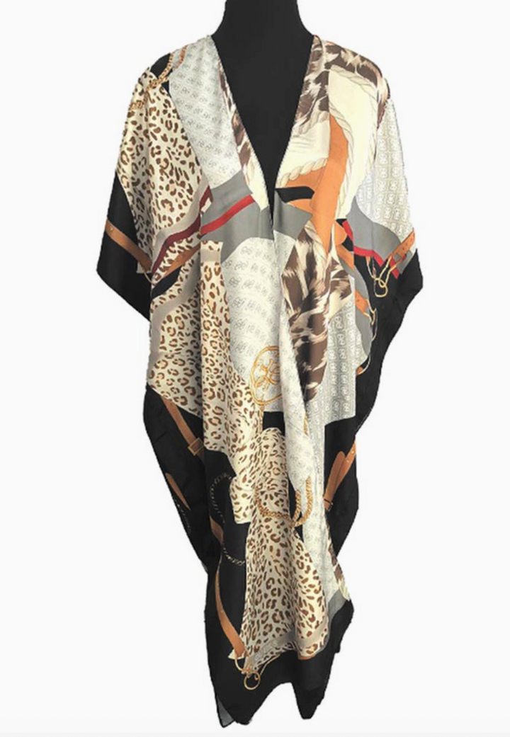 Lightweight Mixed Animal Abstract Print Satin Feel Kimono Style Long Cover Up Poncho ETA 6/15