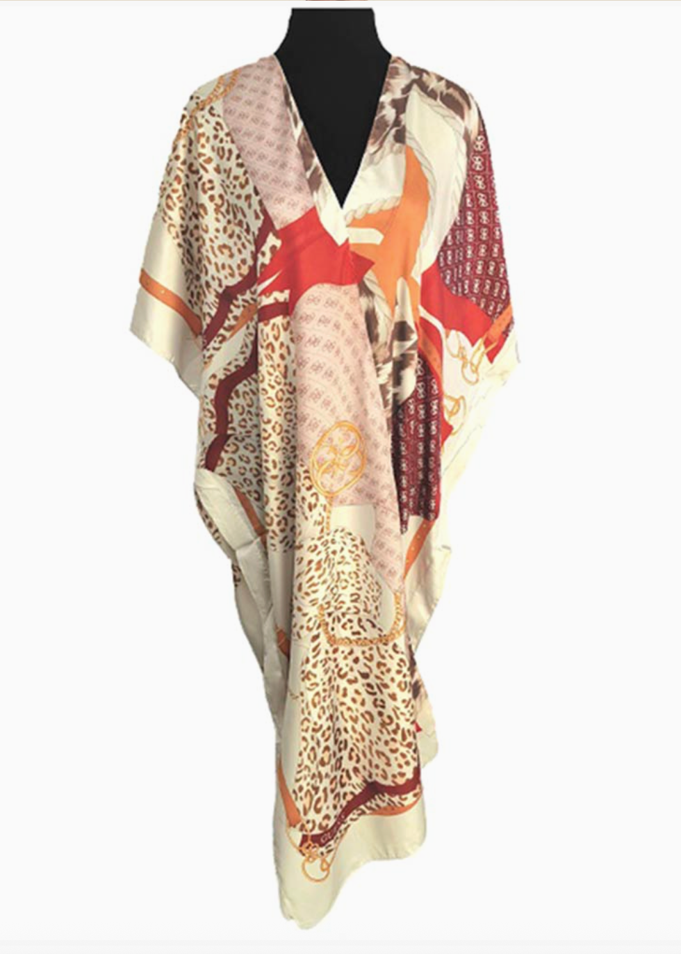 Lightweight Mixed Animal Abstract Print Satin Feel Kimono Style Long Cover Up Poncho ETA 6/15