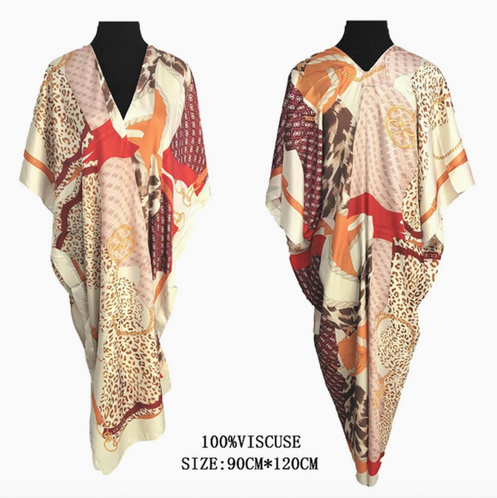Lightweight Mixed Animal Abstract Print Satin Feel Kimono Style Long Cover Up Poncho ETA 6/15