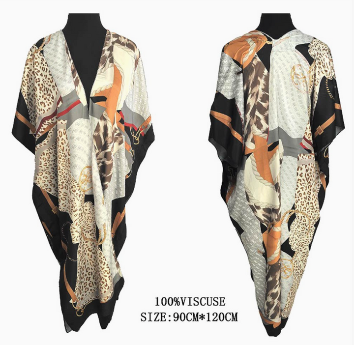 Lightweight Mixed Animal Abstract Print Satin Feel Kimono Style Long Cover Up Poncho ETA 6/15
