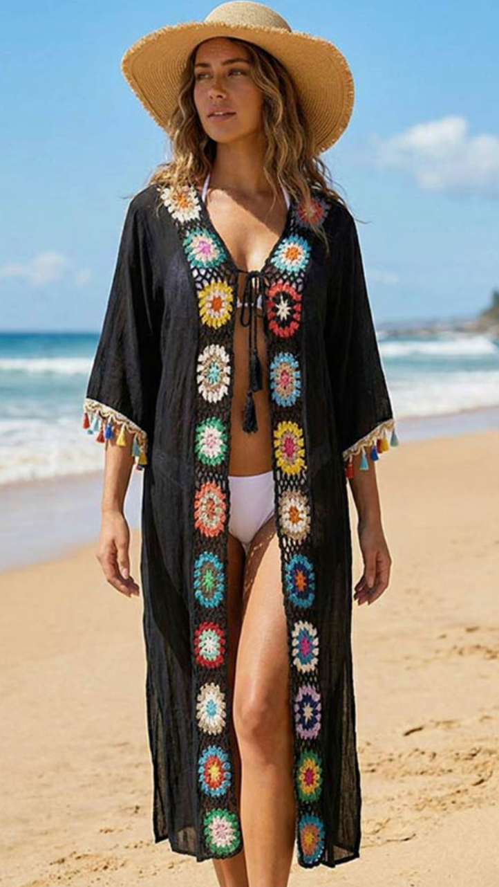 Preorder Granny Square Crochet Trim Tassel Lace Beach Cover Up Poncho (5 colors)
