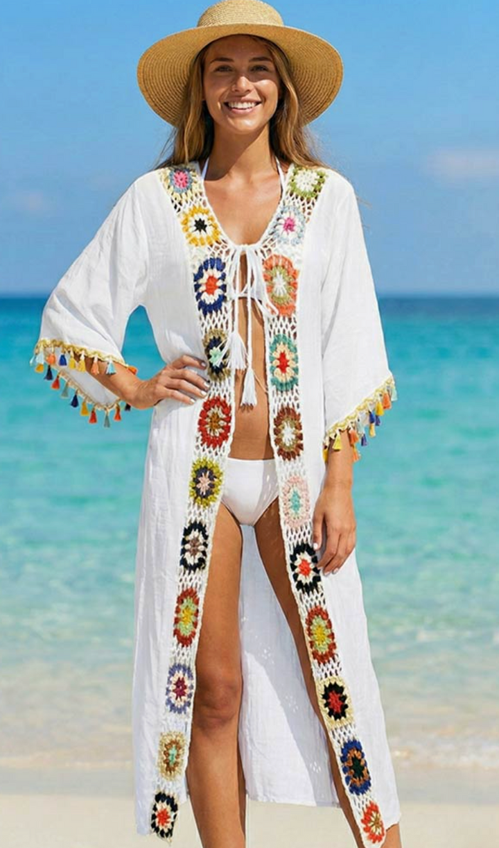 Preorder Granny Square Crochet Trim Tassel Lace Beach Cover Up Poncho (5 colors)