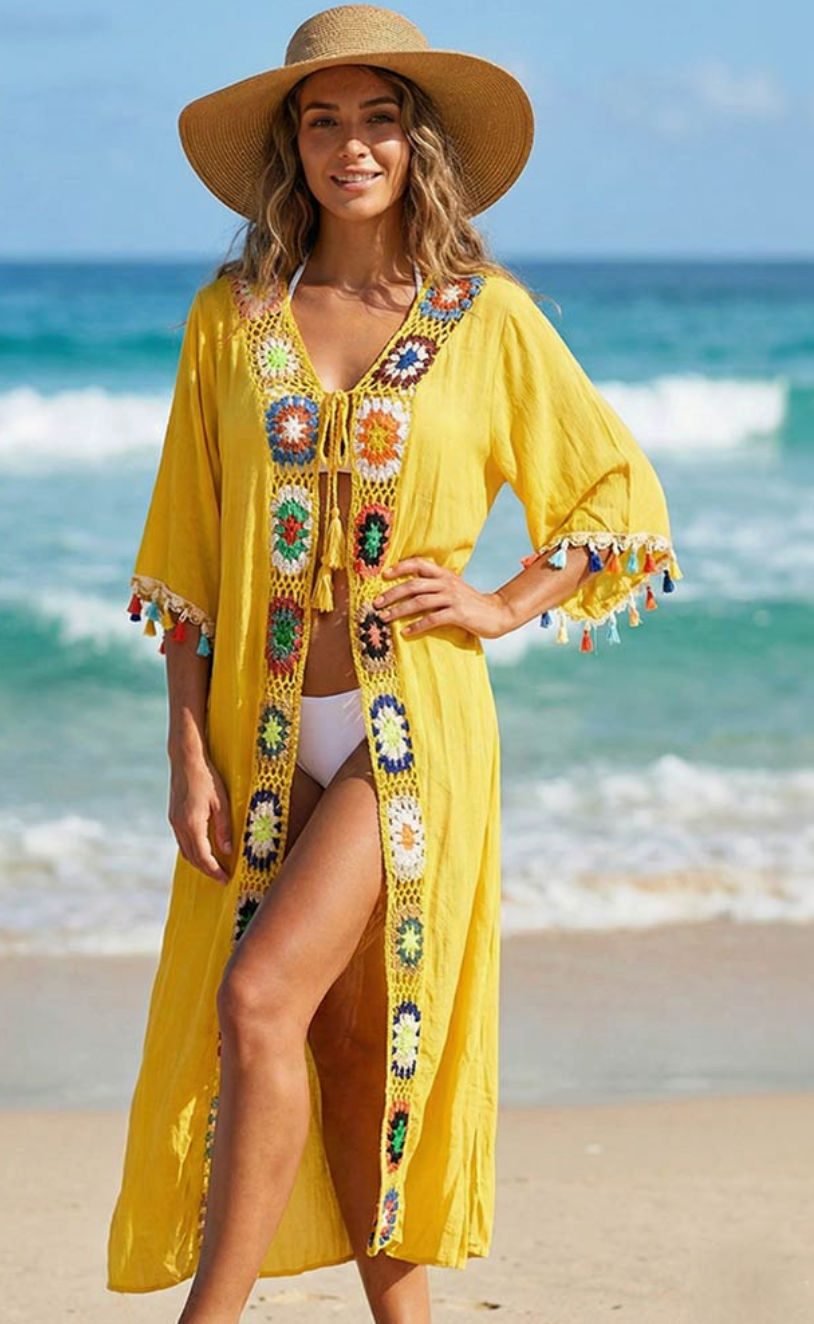Preorder Granny Square Crochet Trim Tassel Lace Beach Cover Up Poncho (5 colors)