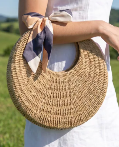 Woven Straw Bag With Bow Scarf Accent