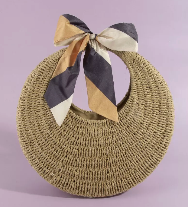 Woven Straw Bag With Bow Scarf Accent