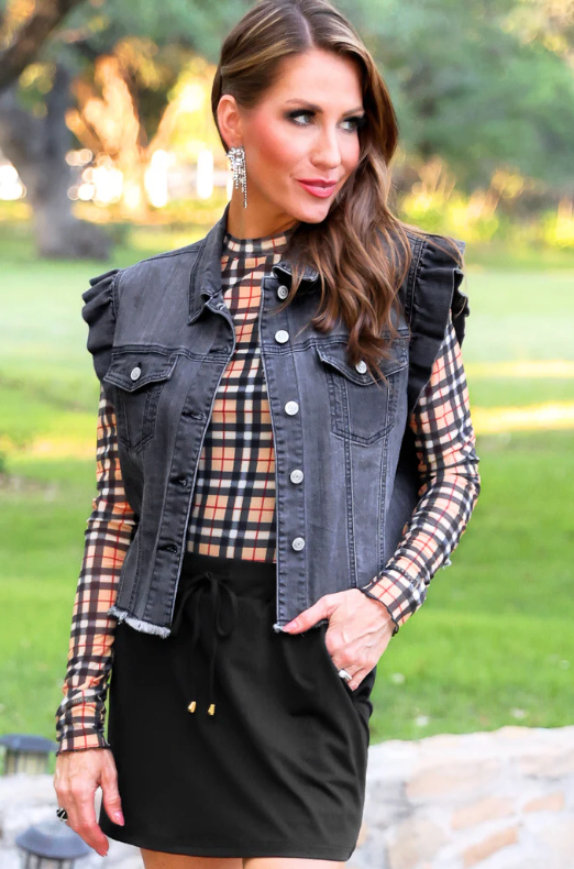 Jordan Ruffle Denim Vest- Black Denim