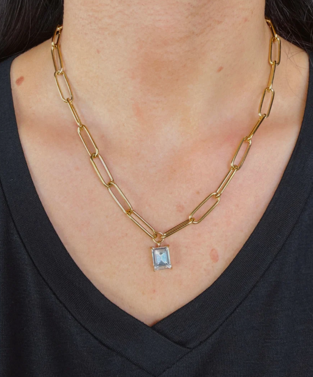 Paperclip Chain Necklace- Gold/Crystal