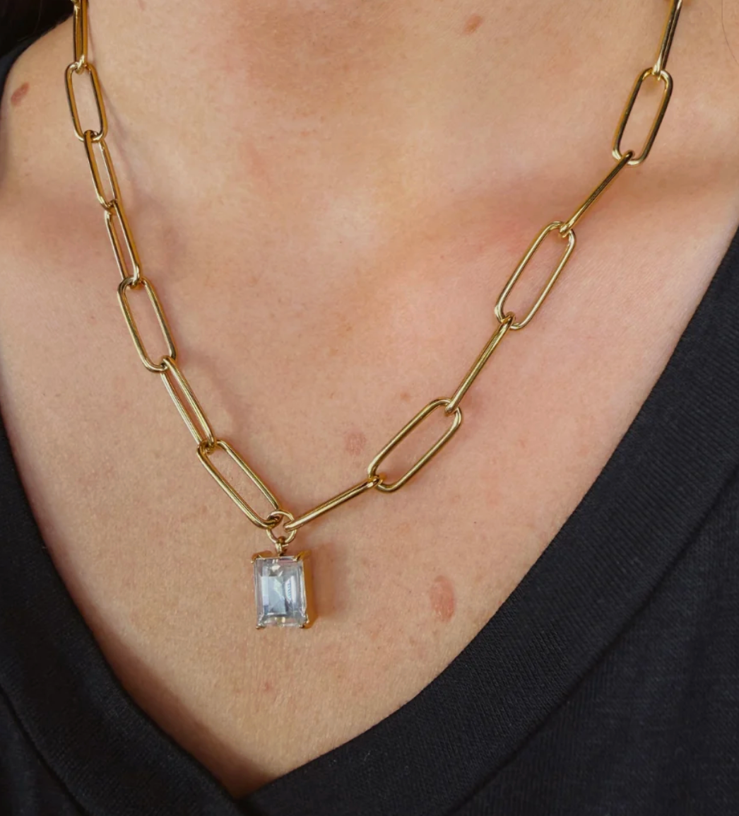 Paperclip Chain Necklace- Gold/Crystal