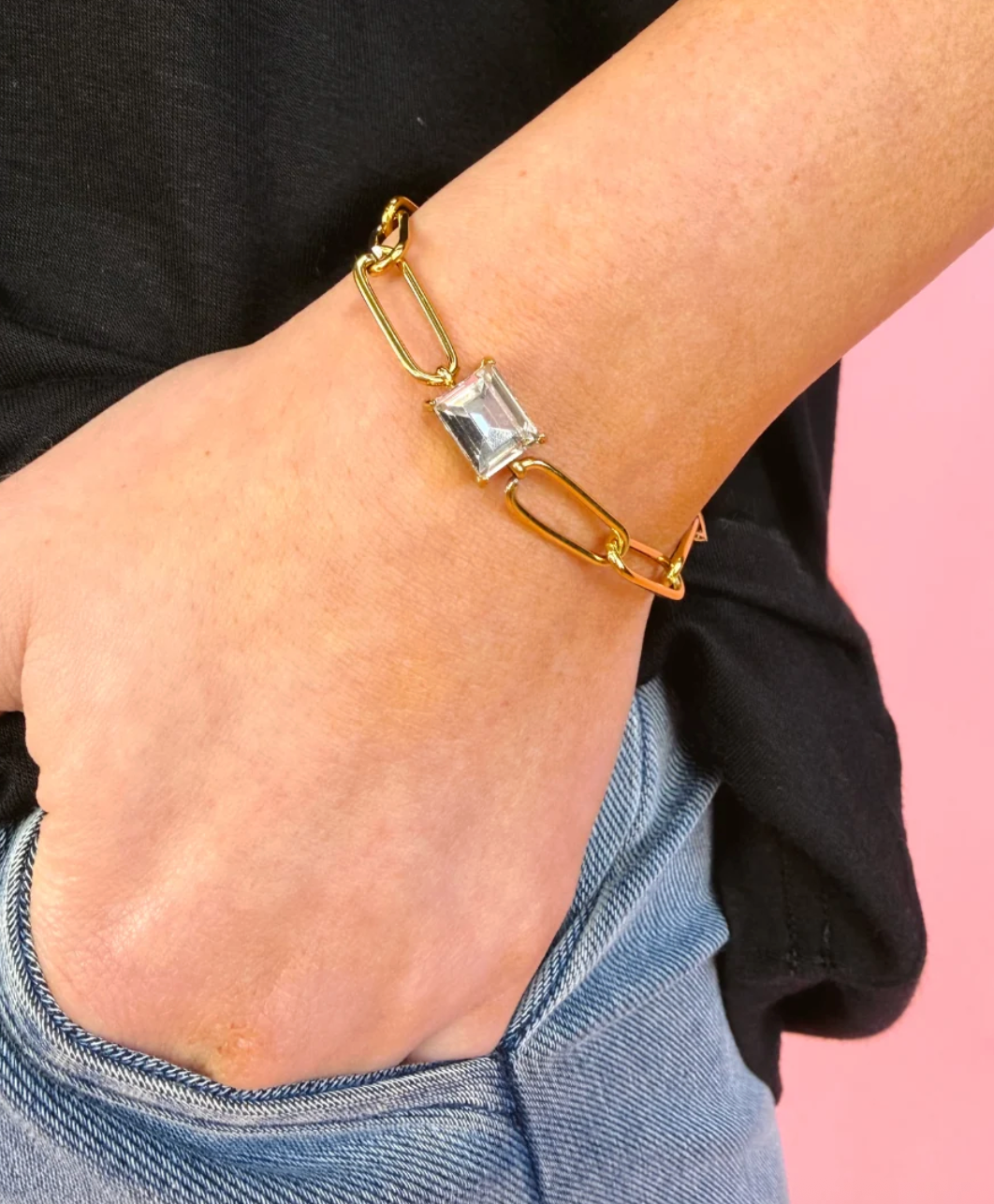 Paperclip Chain Bracelet- Gold/Crystal