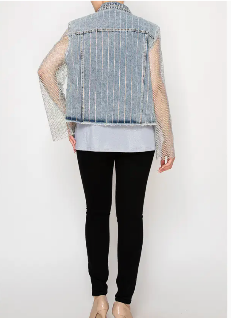 Statement Denim Jacket with Sparkly Details & Net Mesh Sleeves-plus too and many color options!